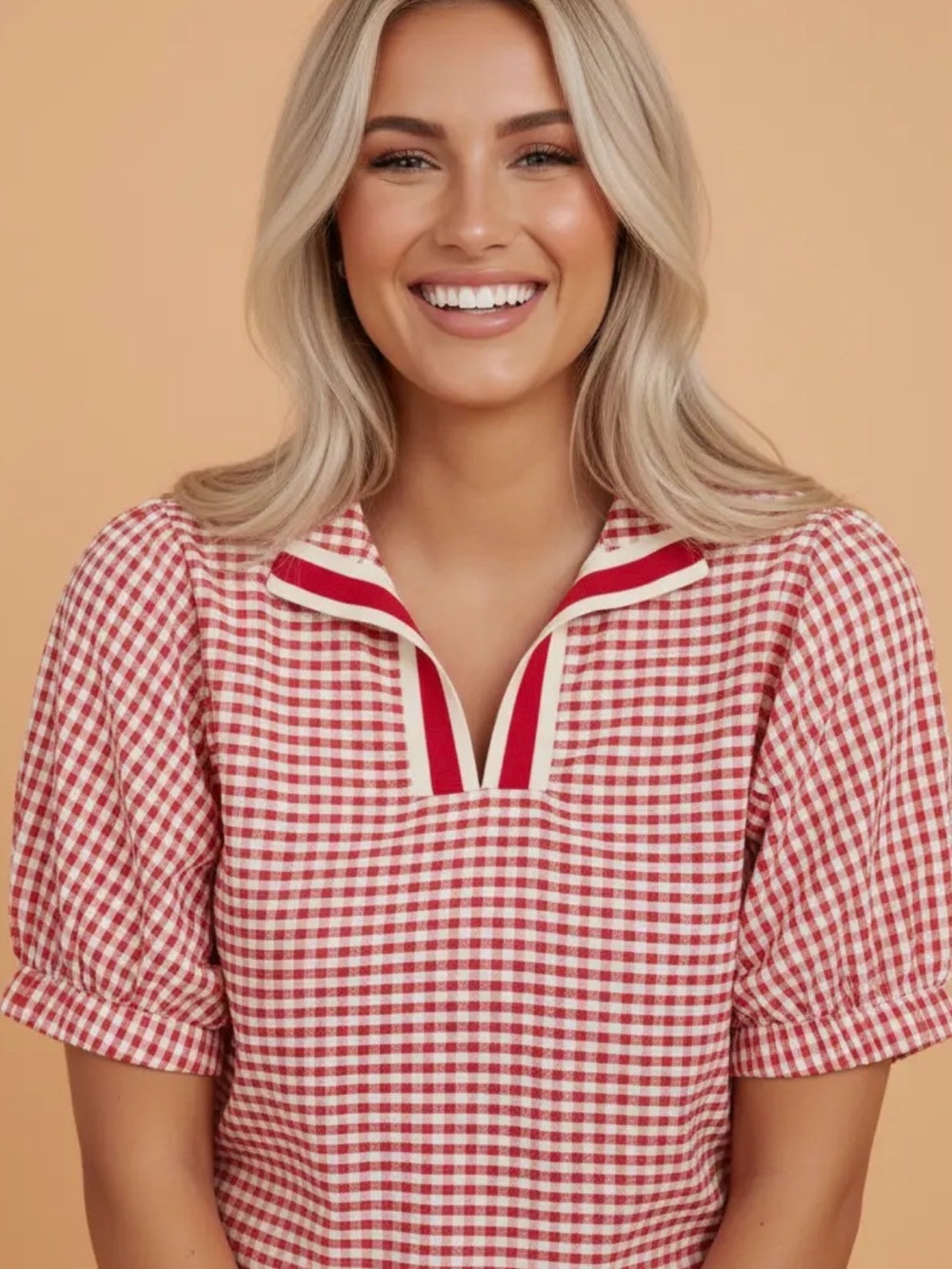 Boutique Red and White Gingham Short Sleeve Colorblock Trim Puff Sleeve Blouse